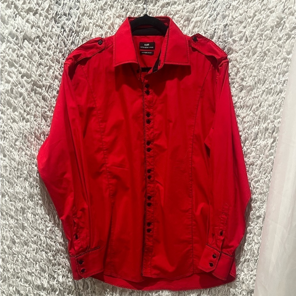 STEVEN LAND FITTED COTTON RED SHIRT MENS BOLD, STATEMENT, CASUAL WEAR SIZE XL.